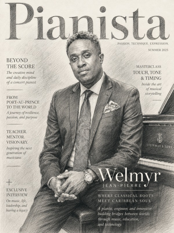 Concept magazine cover: a pencil-style portrait of Welmyr Jean-Pierre in a dark suit, seated beside a grand piano, surrounded by imagined cover lines.
